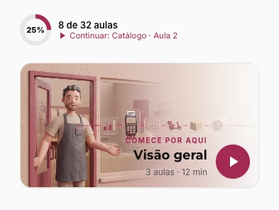 Ajuda e tutorial do 360giro no celular, com o progresso, o botão de continuar e a busca por assunto