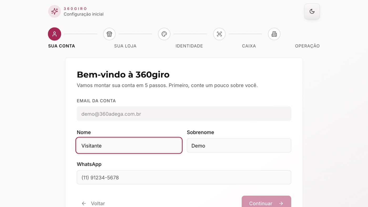 Configuração inicial do 360giro, com os cinco passos: sua conta, sua loja, identidade, caixa e operação