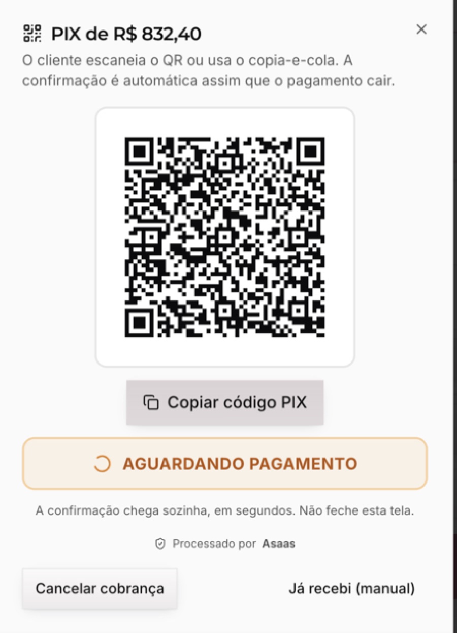 Cobrança Pix do 360giro com o QR na tela, o botão de copiar o código e o aviso de aguardando pagamento