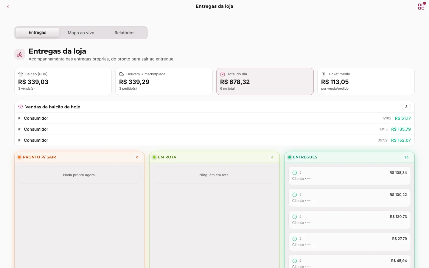 Tela de entregas do 360giro, com os pedidos na fila e o status de cada um