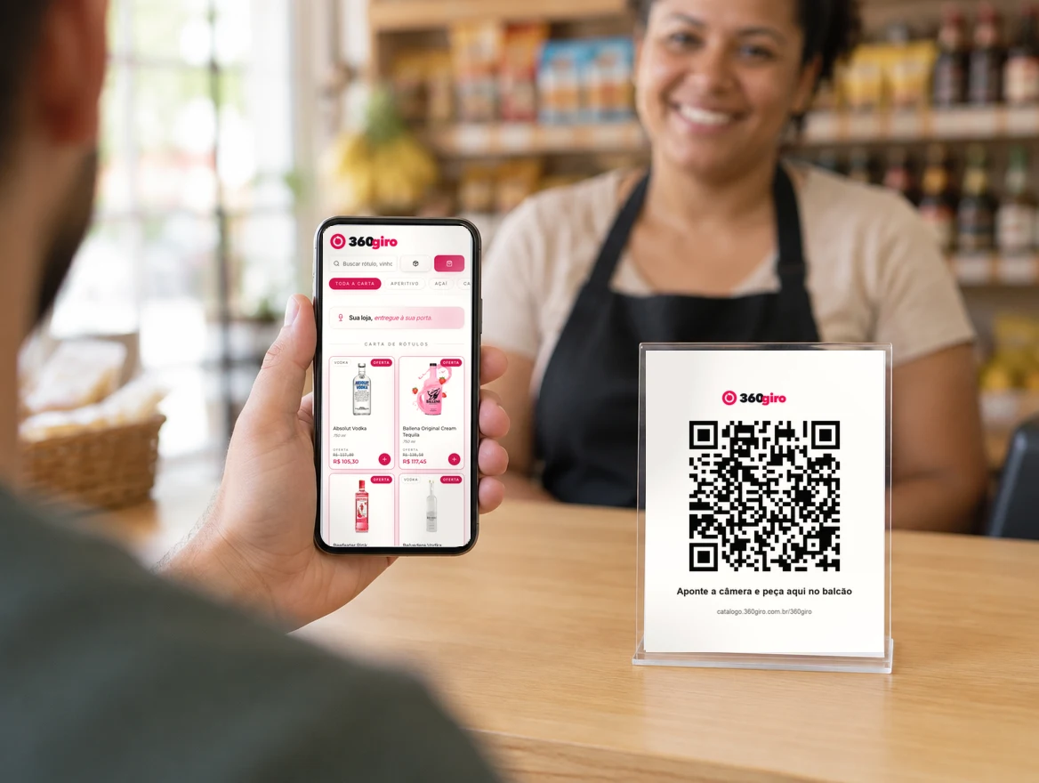 Cliente segurando o celular com o catálogo da loja aberto, ao lado do cartaz com o QR Code no balcão