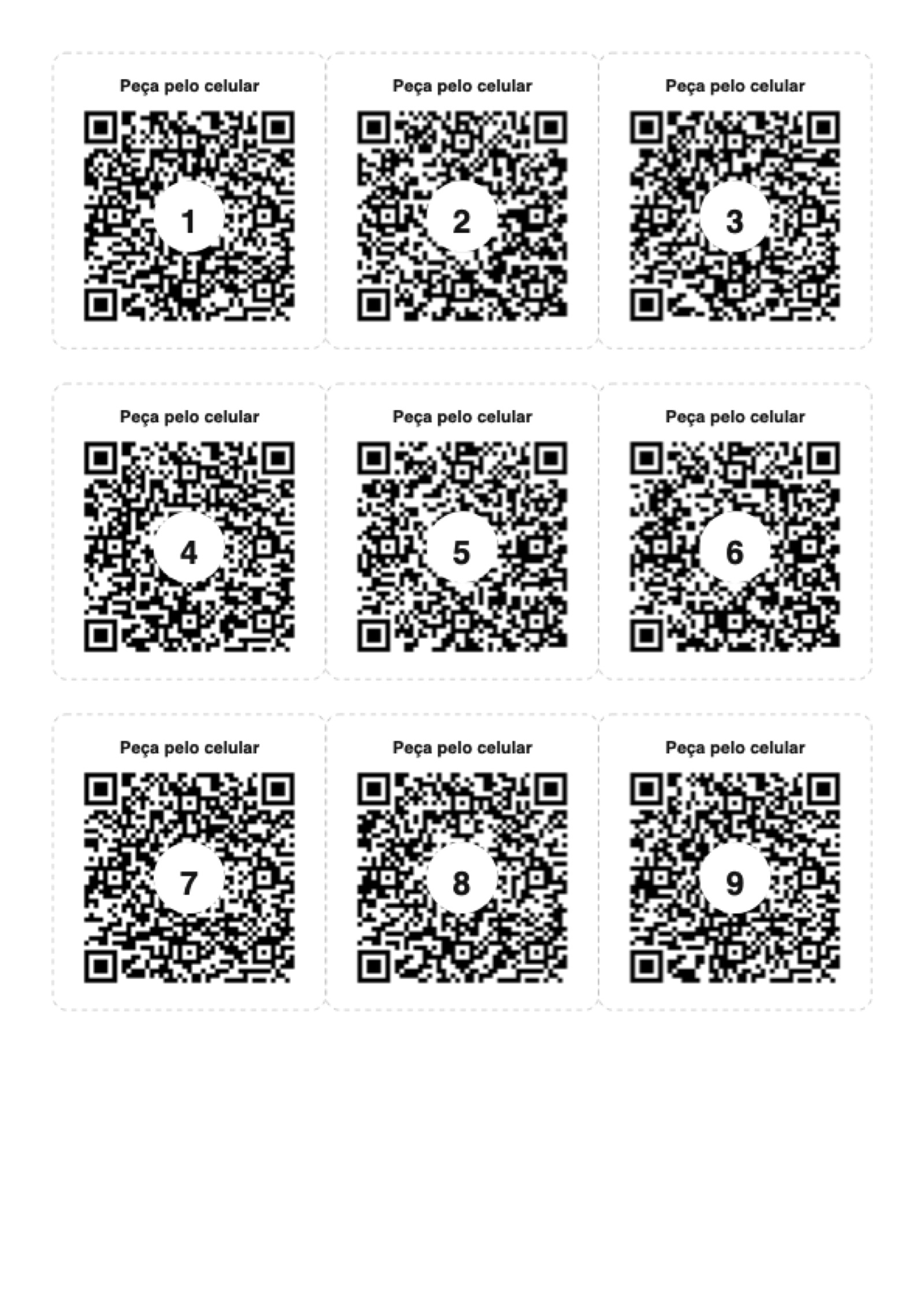 Folha de cartões de QR gerada pelo 360giro, com o número da mesa no meio de cada código e a linha de corte